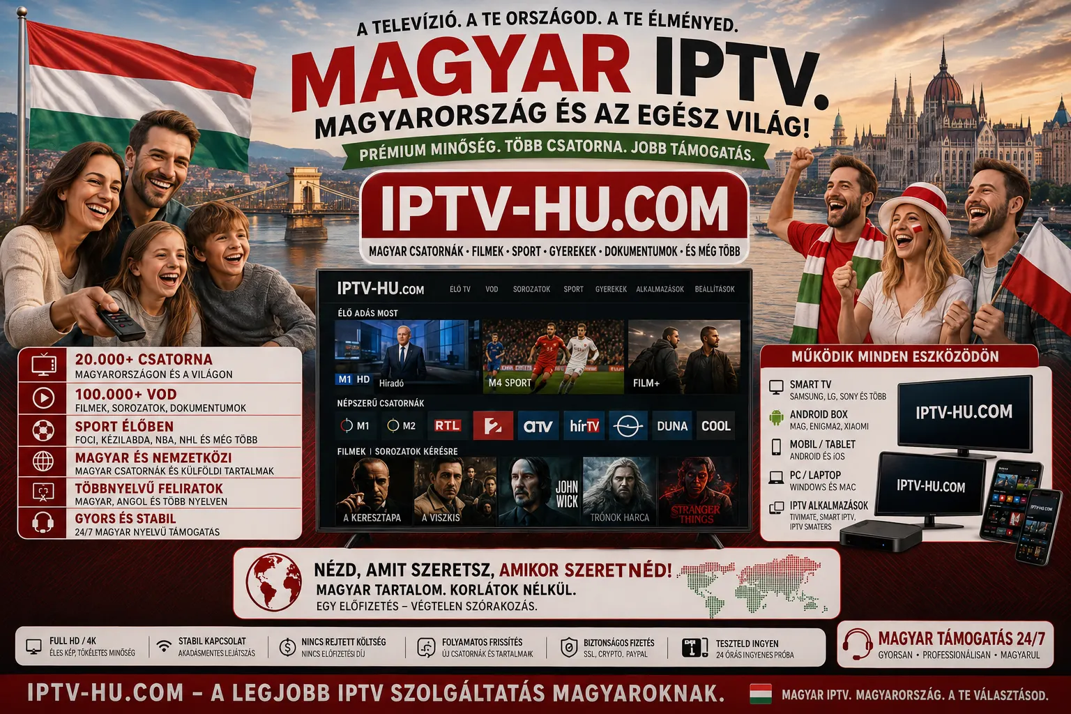 Magyar IPTV — család 4K televíziót néz magyar otthonban